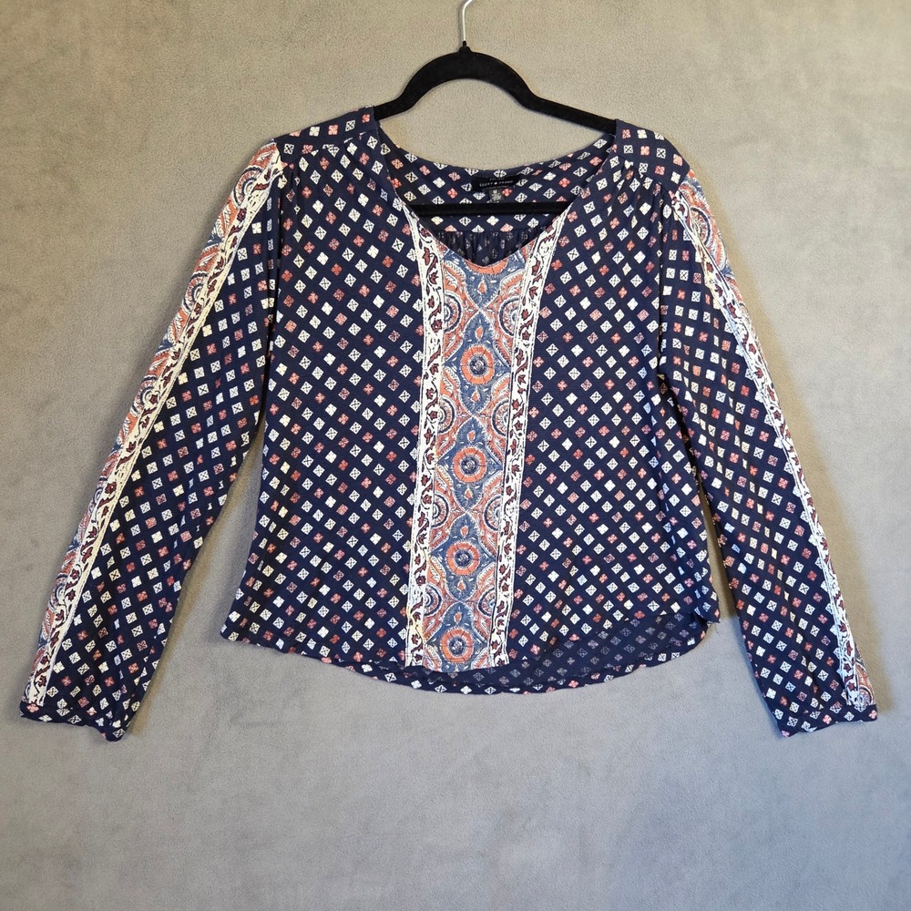 Lucky Brand Paisley Geometric Top Women's Medium Boho Peasant Casual Indie